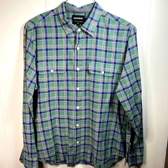 Bonobos Mens Shirt Sage Leaf Green Blue Atka Plaid Extra Large Slim Fit - Picture 2 of 7